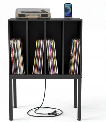 Zdjęcie produktu dla Stojak na gramofon KOMFOTTEU z wbudowaną stacją ładującą, stojak na płyty winylowe z 4 przegrodami i otworem na kable, drewniany stolik do przechowywania gramofonu i płyt winylowych, 50 x 40 x 81 cm