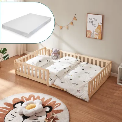 Immagine prodotto di Letto per bambini 'Tanna' con materasso 120 x 200 cm Letto Montessori con protezione anticaduta in legno di pino naturale