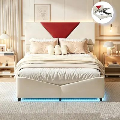 Immagine prodotto di Letto con rete a molle INONEFT, 140x200 cm, letto imbottito con spazio contenitore ad apertura idraulica, letto matrimoniale per ragazzi con illuminazione LED, disponibile in lino, velluto, beige/rosso