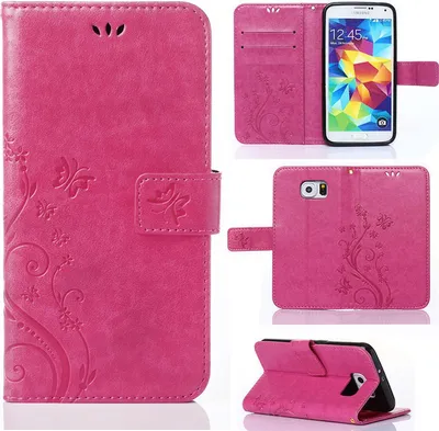 A collage of images showing a pink phone case with a floral and butterfly design from multiple angles, including the case open with a phone inside, the back of the case, and the case in a stand position.