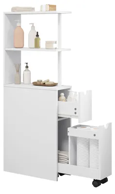 Productafbeelding van Badkamerkast met nis, voorzien van een lade en wielen, multifunctionele kast voor badkamer of keuken, wit, 19 x 113 x 45 cm
