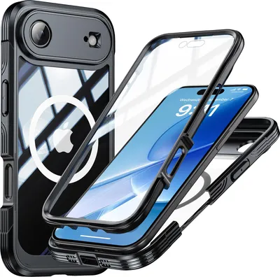 Image de Coque pour iPhone Air, compatible MagSafe, protection intégrale à 360° avec coque arrière transparente et protecteur d'écran noir