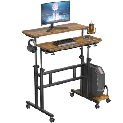 Produktbild von Iropro Stehpult Höhenverstellbar Sitz-Steh Schreibtisch mit Rollen, Mobiler Stehtisch mit neigbar Tischplatte, 80x60cm Laptoptisch Workstation für Zuhause und Büro, Vintage Braun