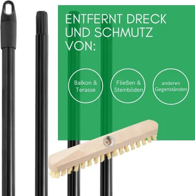 Produktbild von Schrubber aus Holz mit Borsten Wischer mit Gewinde und Steckstiel vierteilig - Scheuerbürste PPN Boden-Bürste Ideal für Reinigung von Balkon Terrasse Garten Innen- Außenbereich