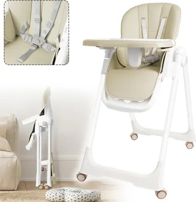 Image de XINZI Baby Chaise haute pliante Beige Chaise haute pliante pour enfant Chaise bébé réglable en hauteur Fonction couchage, ceinture de sécurité 5 points avec 4 roues