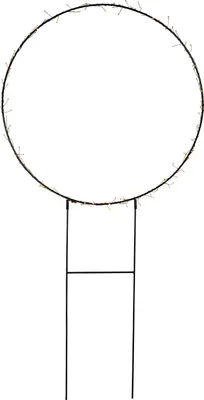 A black metal circular frame with small lights attached, supported by two black metal legs.