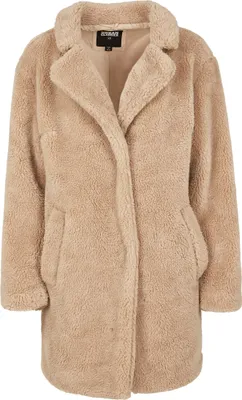 A studio shot of a beige teddy coat.