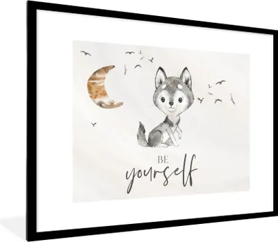 Produktbild von MuchoWow® Gerahmtes Poster Sprichwörter - Wolf - Sei du selbst - Kinder - Jungen - Mädchen - Aquarell 80x60 cm - Poster mit Schwarzem Bilderrahmen Wandposter Rahmen Foto Bilder - Schlafzimmer-Dekorationen - Fotoposter