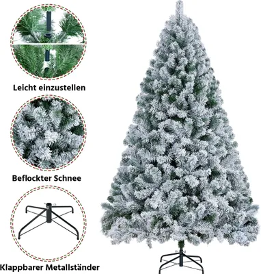 A flocked artificial Christmas tree with a metal stand and close-up details of the tree and stand.