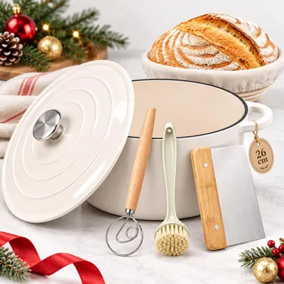 Produktbild von Brotbackset mit Gusseisen Bräter 4,6 L Ø 26 cm & Rattan Gärkörbchen, emaillierter Brotbacktopf mit Deckel und Sauerteig Zubehör