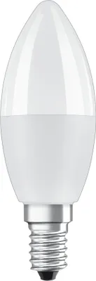A close-up studio shot of a white LED candle light bulb with a silver screw base.