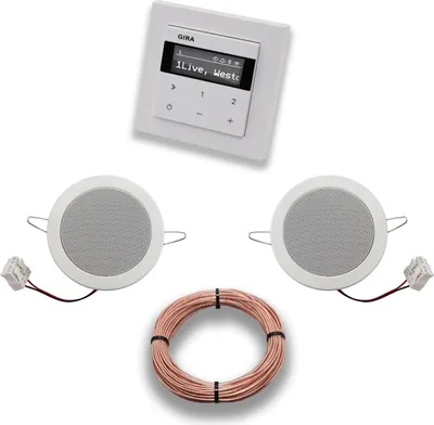 Produktbild von Gira Unterputz IP Internetradio 232003 + Bluetooth Komplett-Set, E2 reinweiß glänzend + 2 x Deckenlautsprecher/Einbaulautsprecher + 20 Meter Lautsprecherkabel 2x0,75 mm