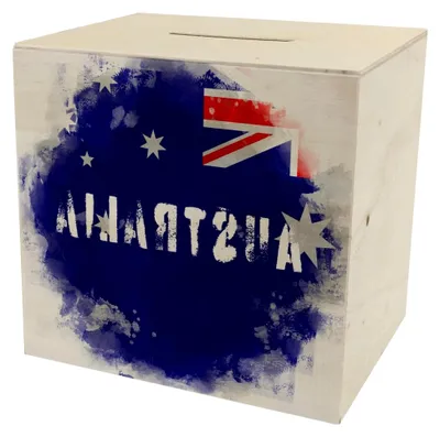 Produktbild von Spardose aus Holz mit Australien-Flagge im Used Look