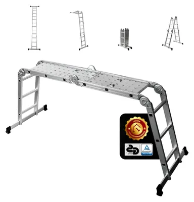 Produktbild von Mehrzweckleiter 4 x 3 Stufen mit 2 Gerüstplatten, bis 150 kg, Aluleiter, Haushaltsleiter, 12 Stufen,