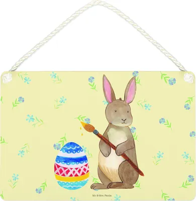 Produktbild von Mr. & Mrs. Panda Schild Hase Eier Malen DIN A4 - Blumig - Geschenk, wandhänger, Osterhase, Frohe Ostern, Türschild, wandtafel, Kaninchen, holzbild, Ostergrüße