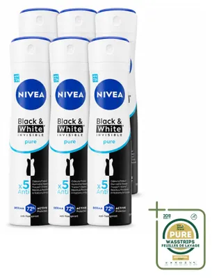 Imagen del producto de 6 aerosoles desodorantes NIVEA Black & White Invisible Pure, 150 ml, pack de 6 unidades