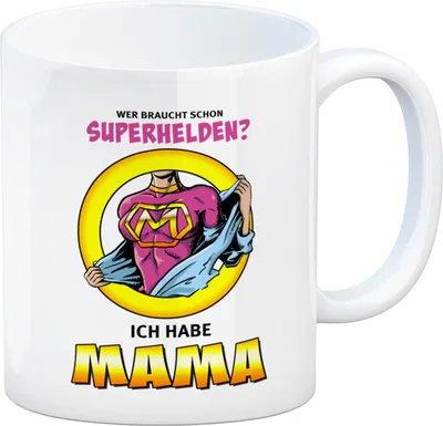 Produktbild von Kaffeebecher Comic mit Spruch - Wer braucht schon Superhelden? Ich habe Mama
