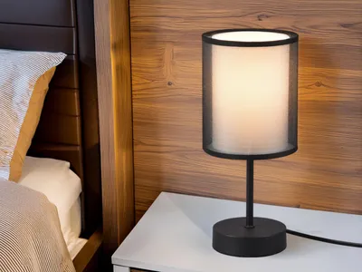 Produktbild von Kleine LED Tischlampe mit doppeltem Stoffschirm Schwarz & Weiß, für Fensterbank