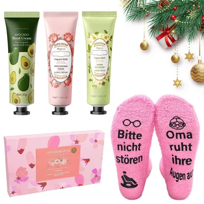 Productafbeelding van Geschenkset voor dames, bestaande uit 3 handcrèmes en 1 paar sokken