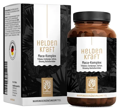 Produktbild von Maca Komplex mit Tribulus, Cordyceps, Giseng, Safran & Bockshornklee - HELDENKRAFT - 90 vegane Kapseln - NATURTREU®