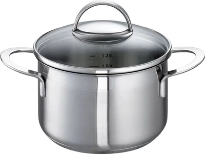 A stainless steel pot with a glass lid and handles, shown from the front.
