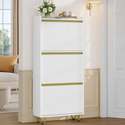 Produktbild von Schuhschrank mit 3 Klappen, Wellenförmiges Türblatt, 16-18 Paar | Schuhkipper Schmal, Verstellbar, Schuhkommode für Eingang, Flur, Garderobe, 24 x 60 x 146,5 cm, Weiß-Gold
