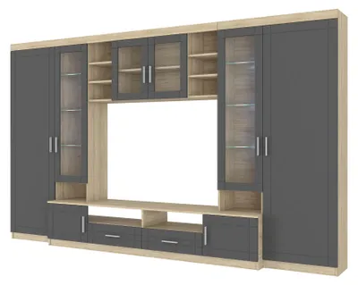 Produktbild von Wohnwand Paris Anbauwand Wohnkombi Wohnzimmer MDF Grau+ Sonoma Eiche matt