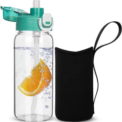 Productafbeelding van Glazen waterfles 600ml met rietje en neopreen hoes, 0,6 l, BPA-vrij, lekvrij