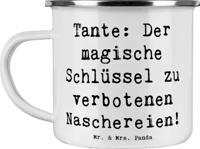 Produktbild von Mr. & Mrs. Panda Emaille Tasse Spruch Zauberhafte Tante - Weiß - Geschenk, Outdoor Becher, Verwandte, Neffe, Geheimnis, Pott, Verwandtschaft, handgemacht, Nichte, Familie