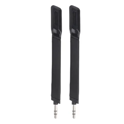 Two black microphone attachments with 3.5mm connectors are shown against a white background.