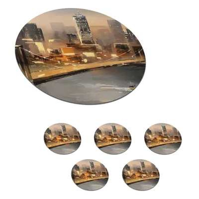 Obrázok produktu pre MuchoWow® Okrúhly sklenený podšálok, sada 6 ks Maľba - olejomaľba - panoráma - mesto - voda 10x10x0.3cm Podložky pod poháre - podložky pod nápoje -
