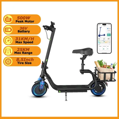 Produktbild von Elektroroller H2 - E-Scooter mit Sitz - 350W Motor - 36V Lithium Akku - 25 km Reichweite - 21,6 cm Räder - Klappbar mit Korb und App