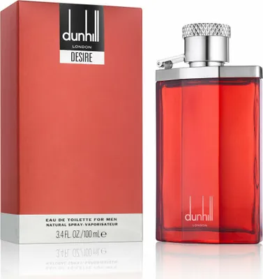 A red bottle of Dunhill Desire for Men eau de toilette and its matching red box are displayed side-by-side against a white background.