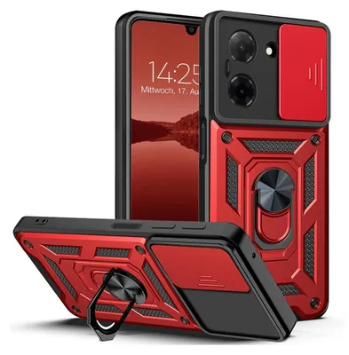 A red and black phone case with a ring stand and camera cover, shown from multiple angles.