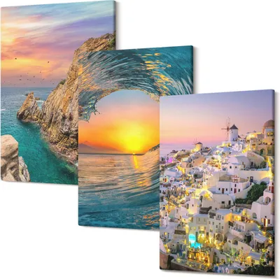 Produktbild von Wandbild – Leinwandbild – Leinwandbilder – Polycanvas – Kunstdruck – Modern – Panorama – Mehrteilig – 3-Teilig Set – Hochwertig – Lichtecht – Geruchslos – 20x30 Cm Je Element - Blick auf das Meer, die Wellen und die weißen Häuser in Santorini, Griechenland