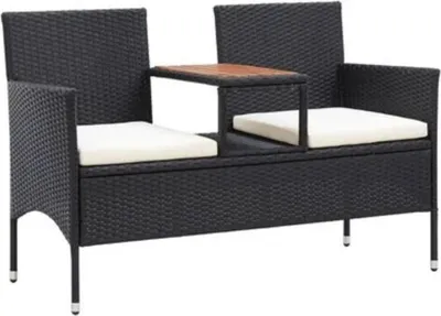 Productafbeelding van Tuinbank voor 2 personen met theetafeltje, 143 cm, polyrotan, zwart