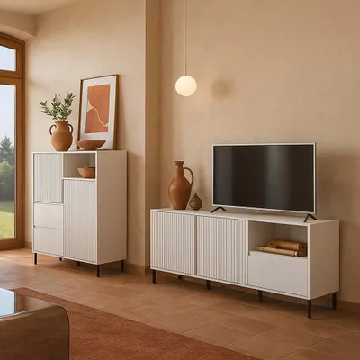 Produktbild von Wohnwand 300 cm Breite in Weiß  modern mit Lowboard & Highboard, 2-teilig - AMELIA-129