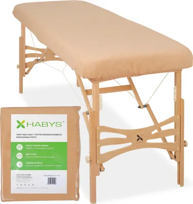 Obrázek produktu pro Jednodílné froté napínací prostěradlo Habys pro skládací masážní lehátka Masážní stoly | 70–75/180–185 cm | Napínací prostěradlo s gumou | Fyziokosmetika | Béžové