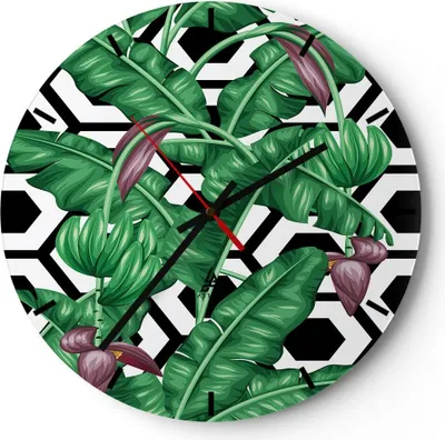 Produktbild von Wanduhr - Rund - Glasuhr - Blatt Pflanze Blume - 30x30cm - Schleichendes Uhrwerk - Lautlos - zum Aufhängen bereit - Dekoration Modern - Wanddekoration aus Glas - C3AR30x30-3798