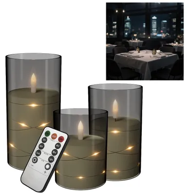 Produktbild von VA-Cerulean LED Kerzen 3er Set Mattgrau – Flackernd, Lichterdraht, Fernbedienung & Timer, für Tisch, Regal & Zuhause