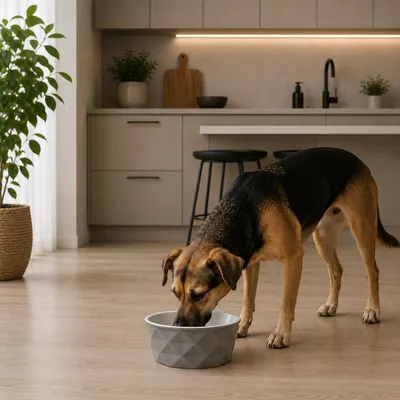 Produktbild von belviona Futternapf für Hunde, Keramiknapf mit rutschfestem Silikonboden, für Nassfutter, Trockenfutter & Wasser, 550 ml, dunkelgrau/hellgrau matt, KI-generiertes Bild