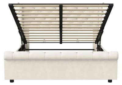 Image de Lit double rembourré 140x190 cm - Lit avec tiroir de rangement et système hydraulique - Structure en bois avec sommier à lattes - Tête de lit en velours - Beige