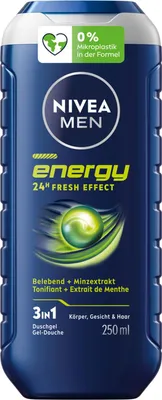Produktbild von 24x NIVEA Duschgel 250ml Energy 3in1 Duschgel und Shampoo, sanfte Pflege für Körper, Gesicht und Haare, Bodywash für Männer, mit frischem Minzextrakt