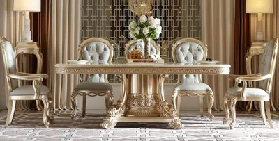 Produktbild von Klassische Chesterfield Esszimmergarnitur Massivholz Tisch 4x Stühle