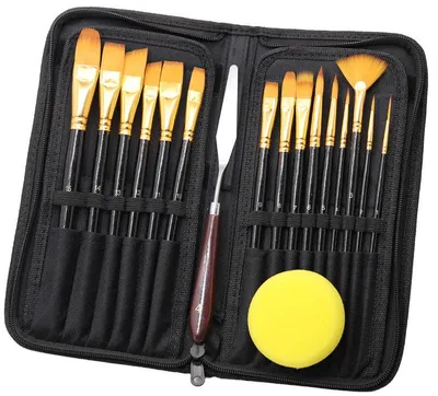 Produktbild von Professionelles Pinselset – Malpinsel – 17-teilig – Set mit 15 Pinseln – inklusive Schwamm und Spachtel – Pinselset geeignet für Aquarell-, Öl