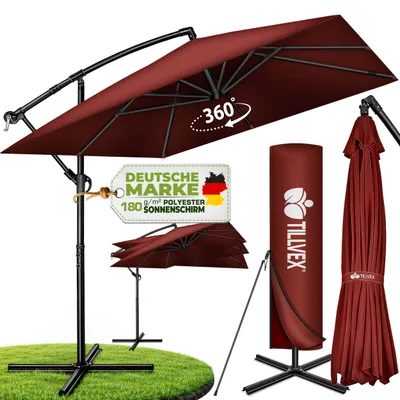Produktbild von tillvex® Alu Sonnenschirm Rechteckig Ø 330 cm Rot + Abdeckung mit Kurbel | Ampelschirm Eckig mit Ständer | Gartenschirm UV-Schutz Aluminium | Kurbelschirm Marktschirm wasserdicht 360° drehbar, KI-generiertes Bild