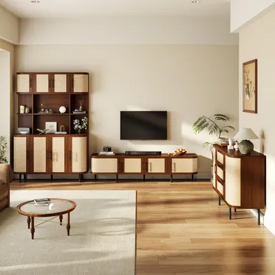 Produktbild von Merax Wohnzimmer Möbel Set, TV Lowboard, Sideboard und Hochschrank, Geflechtfront Schränke mit MDF Korpus, schwarze Griffe, Metallfüße, Nussbaum