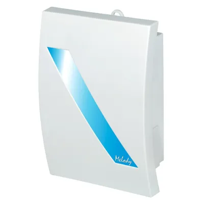 A white electronic doorbell with a blue diagonal stripe and the word "Melody" written on it.