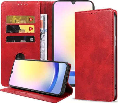 Zdjęcie produktu dla Etui Smartphonica na telefon Samsung Galaxy A25 ze sztucznej skóry z magnetycznym zapięciem i etui na karty z klapką - czerwone