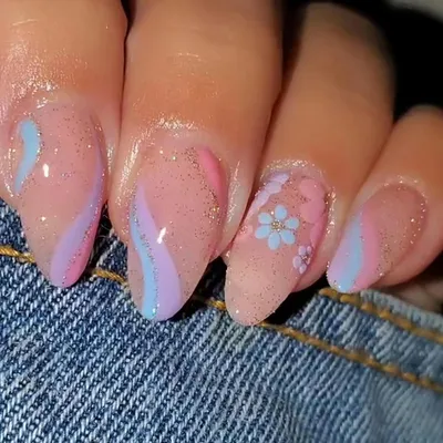 Produktbild von Kunstnägel zum Aufkleben Mandel Französisch Glitzer Blumen 24 Stück Kurz